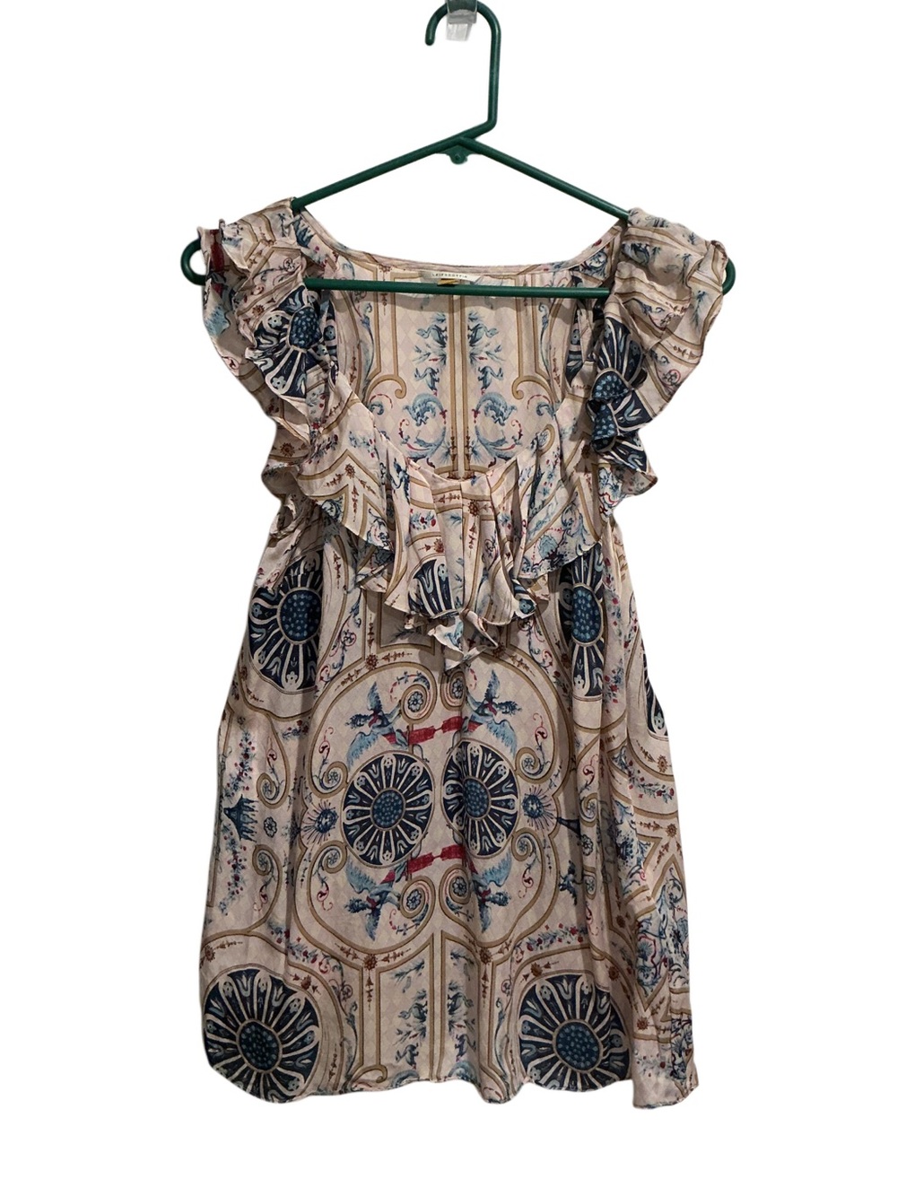Leifsdottir by Anthropologie Silk Blouse Ruffle Cap Sleeve Baroque Print